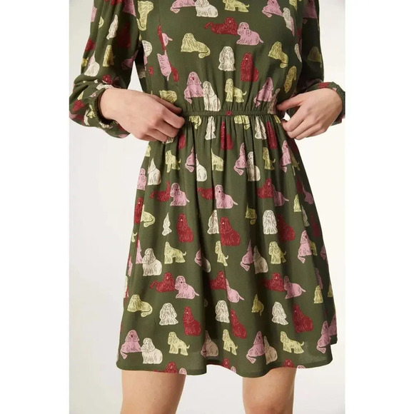 NWT Compania Fantastica Sheep Dog Print Green Smock Dress Size Small - Picture 2 of 11